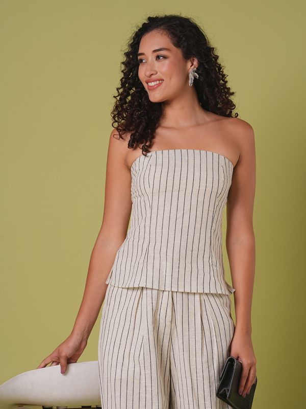 Globus Women Beige Striped Pattern Smocked Off Shoulder Top With Wide Leg Trousers Co-Ord Set