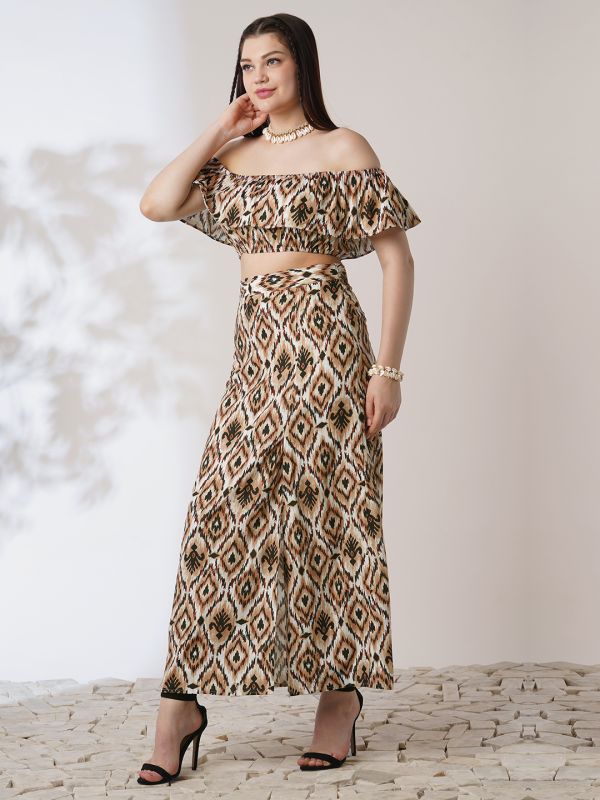 Globus Women Brown Ikat Print Off Shoulder Ruffle Fitted Crop Top With Side Slit Maxi Skirt Co-ord Set