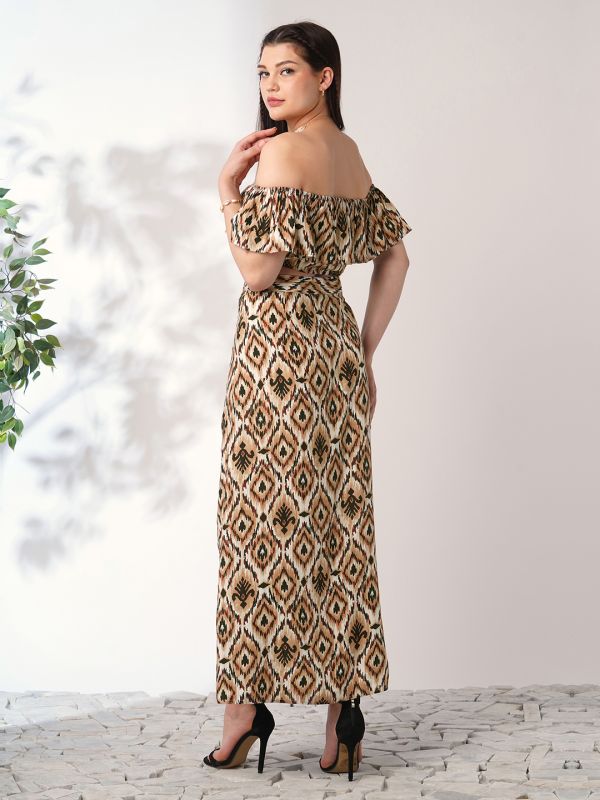 Globus Women Brown Ikat Print Off Shoulder Ruffle Fitted Crop Top With Side Slit Maxi Skirt Co-ord Set