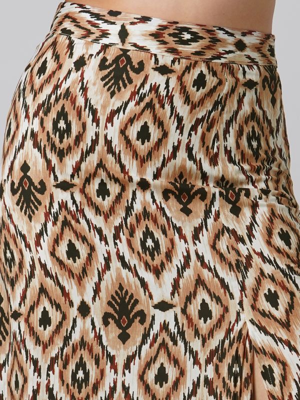 Globus Women Brown Ikat Print Off Shoulder Ruffle Fitted Crop Top With Side Slit Maxi Skirt Co-ord Set