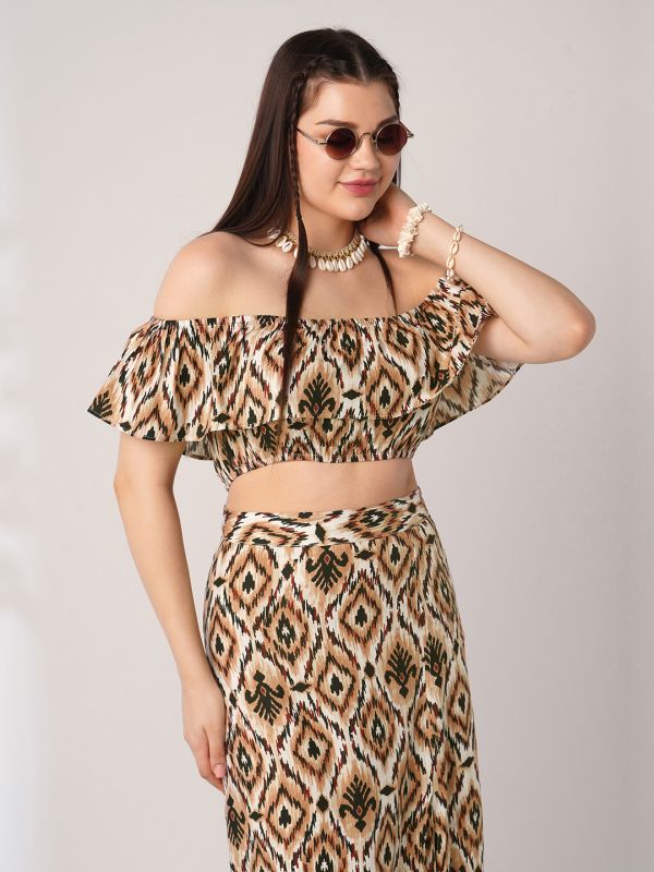 Globus Women Brown Ikat Print Off Shoulder Ruffle Fitted Crop Top With Side Slit Maxi Skirt Co-ord Set