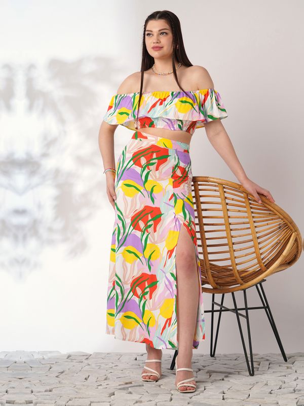 Globus Women Multi Color Floral Print Off Shoulder Ruffle Fitted Crop Top With Side Slit Maxi Skirt Co-ord Set