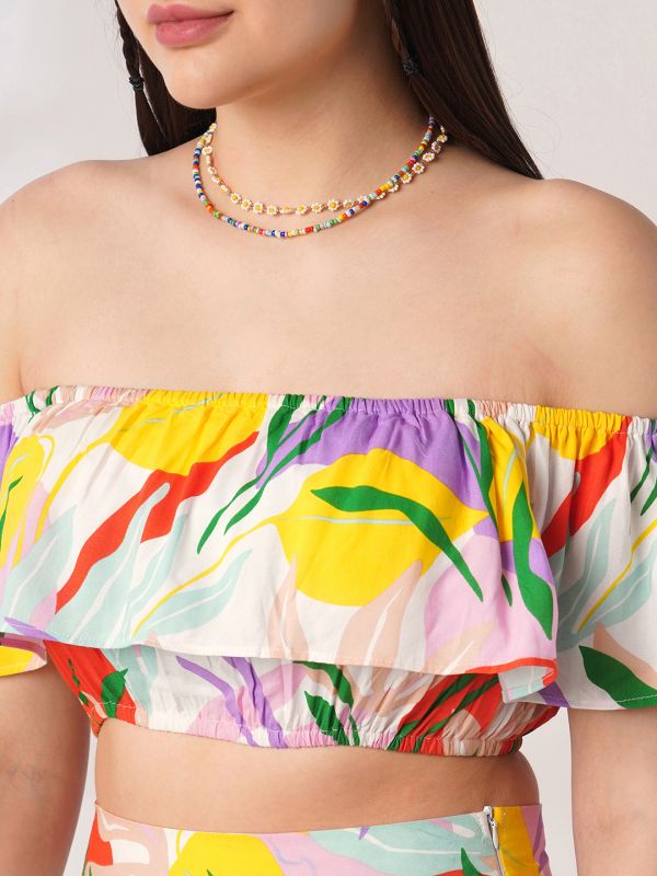 Globus Women Multi Color Floral Print Off Shoulder Ruffle Fitted Crop Top With Side Slit Maxi Skirt Co-ord Set