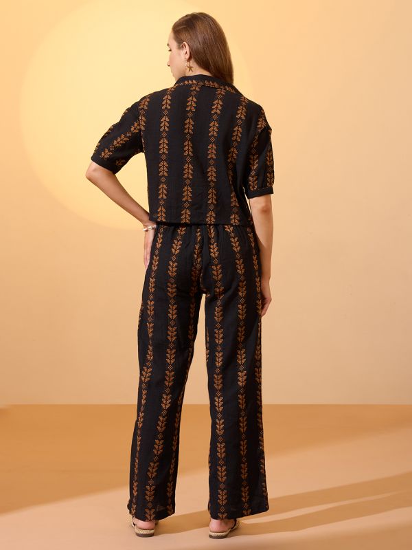 Globus Women Brown Self Design Collared Neck Boxy Fit Crop Shirt with Wide Leg Trousers Resort Co-Ords Set