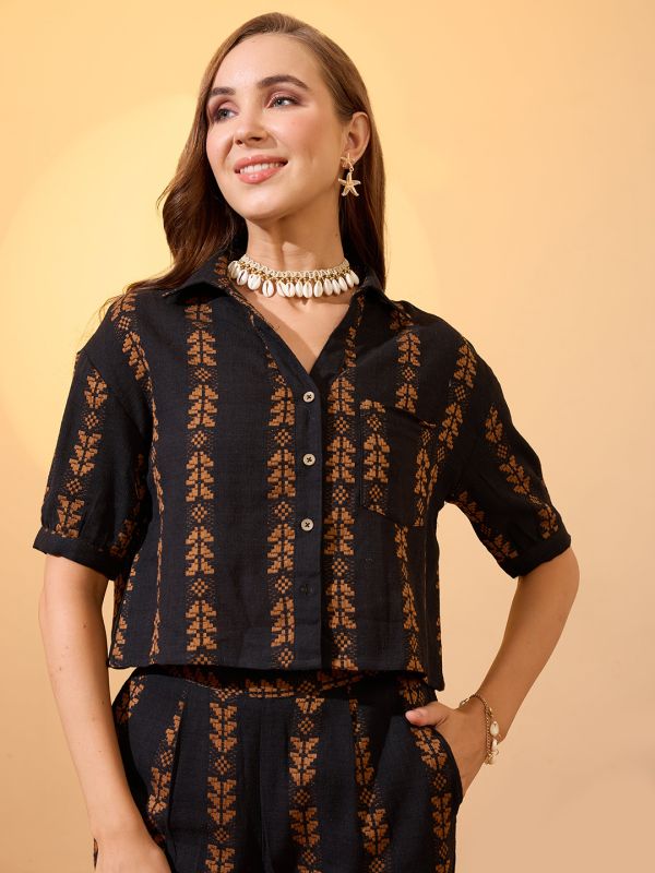 Globus Women Brown Self Design Collared Neck Boxy Fit Crop Shirt with Wide Leg Trousers Resort Co-Ords Set