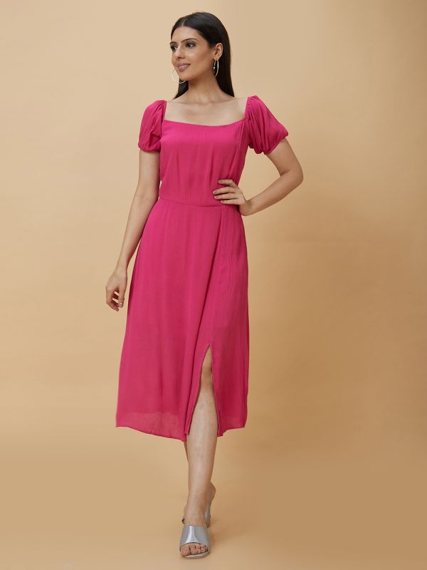 Globus Women Fuchsia Solid Square Neck Fit and Flare Midi Dress