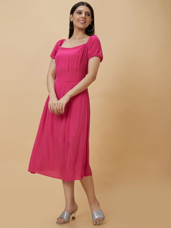 Globus Women Fuchsia Solid Square Neck Fit and Flare Midi Dress