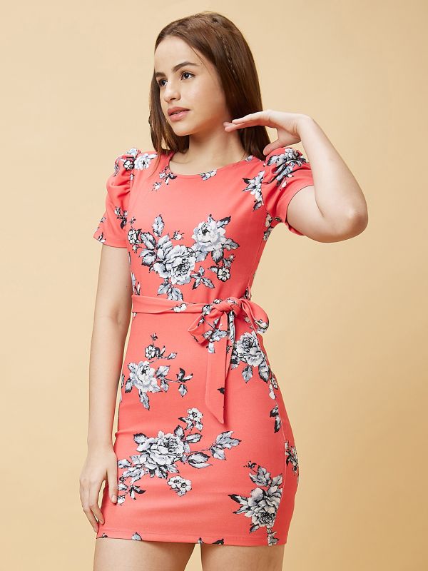 Globus Women Coral Floral Print Round Neck Short Puff Sleeves With Waist Belt Bodycon Mini Dress