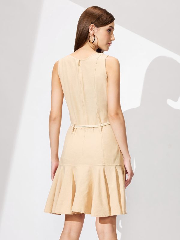 Globus Women Beige V-Neck Utility Pockets Flared Hem Belted A-Line Dress