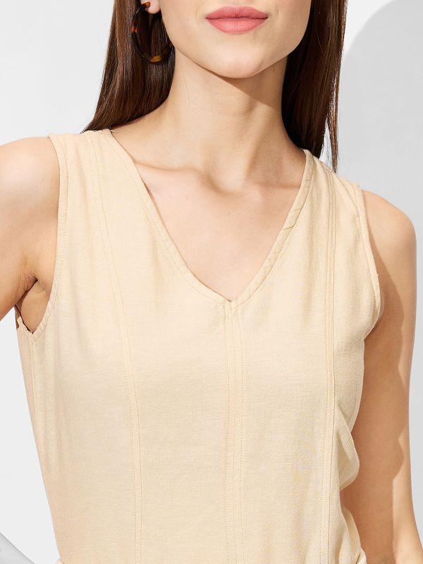 Globus Women Beige V-Neck Utility Pockets Flared Hem Belted A-Line Dress