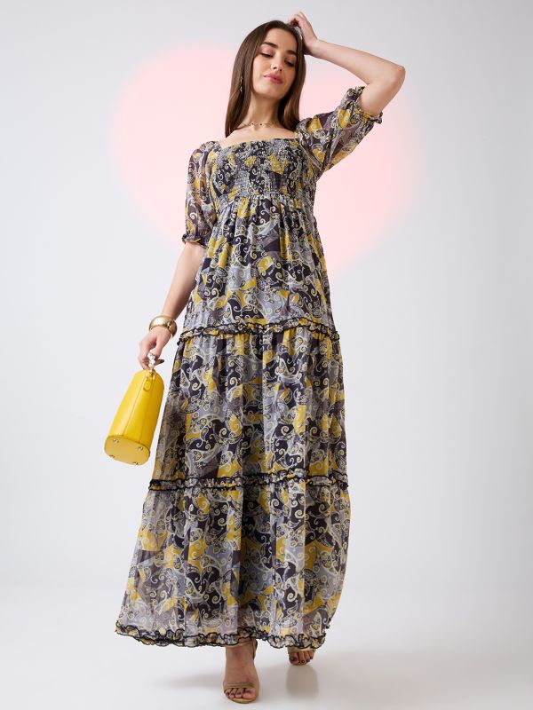 Globus Women Yellow Square Neck Puff Sleeves Ethnic Print Smocked Tiered Fit & Flare Maxi Dress