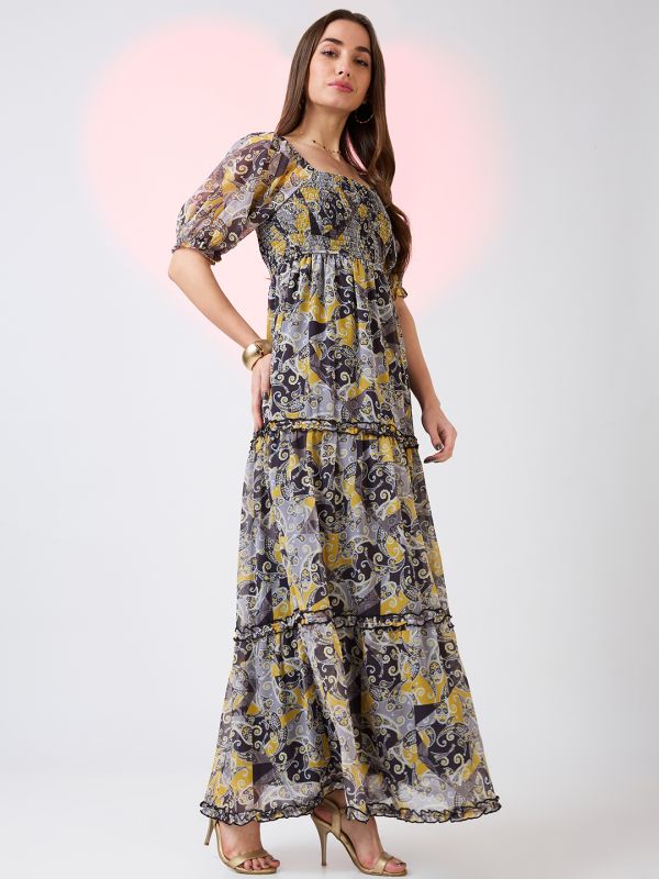Globus Women Yellow Square Neck Puff Sleeves Ethnic Print Smocked Tiered Fit & Flare Maxi Dress