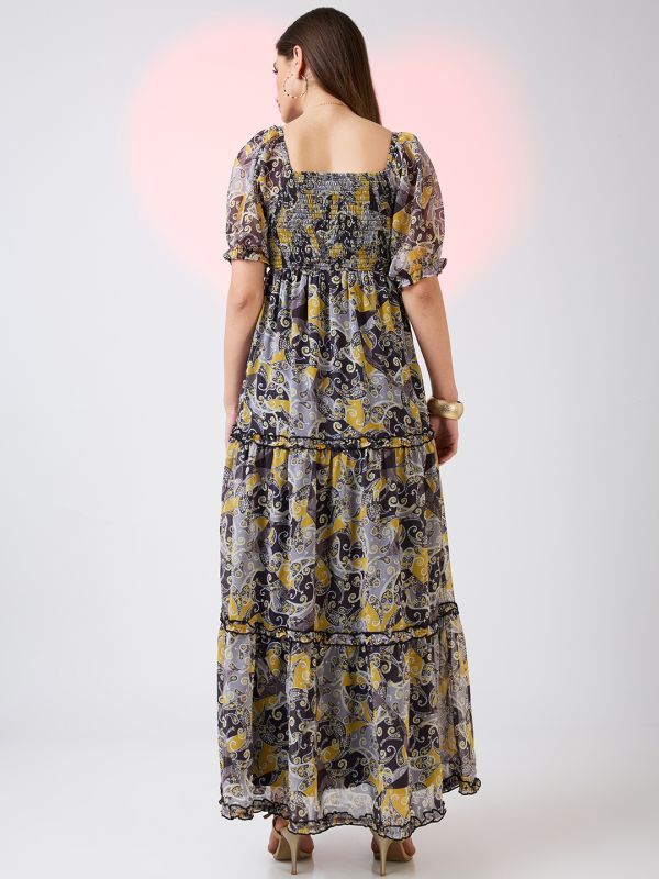 Globus Women Yellow Square Neck Puff Sleeves Ethnic Print Smocked Tiered Fit & Flare Maxi Dress