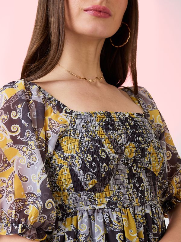 Globus Women Yellow Square Neck Puff Sleeves Ethnic Print Smocked Tiered Fit & Flare Maxi Dress