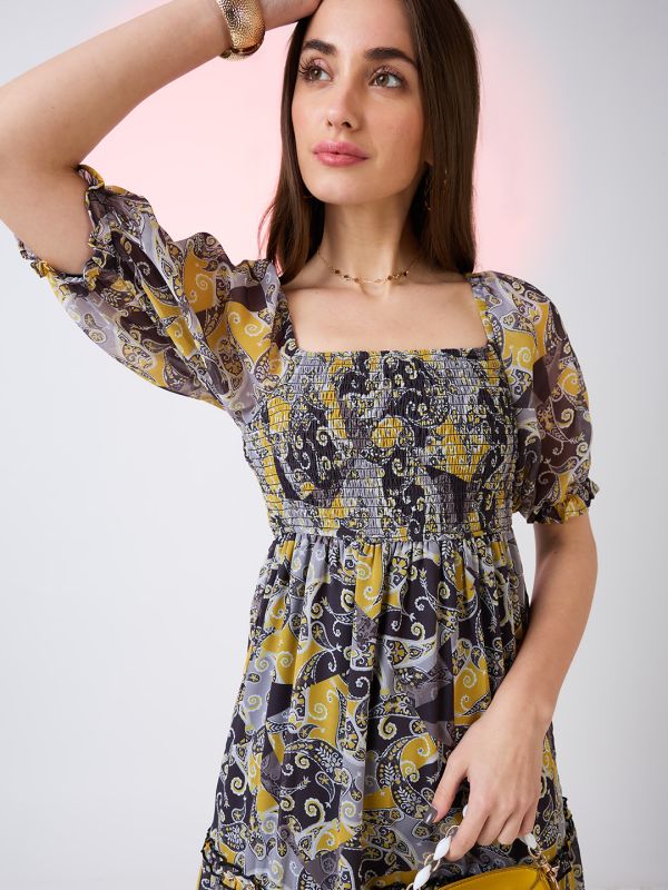 Globus Women Yellow Square Neck Puff Sleeves Ethnic Print Smocked Tiered Fit & Flare Maxi Dress