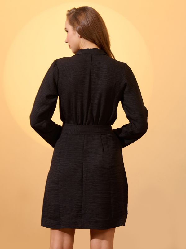 Globus Women Black Self Design Notched Collar Long Sleeves Wrap Belted Workwear Dress