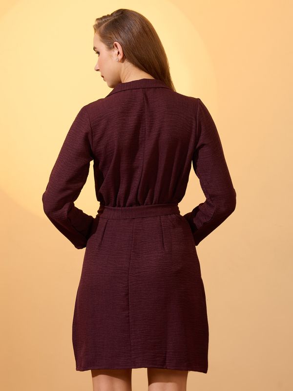 Globus Women Maroon Self Design Notched Collar Long Sleeves Wrap Belted Workwear Dress