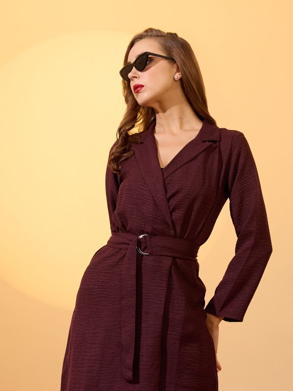 Globus Women Maroon Self Design Notched Collar Long Sleeves Wrap Belted Workwear Dress