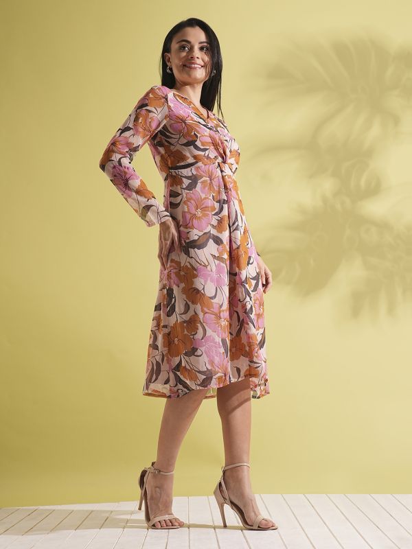 Globus Women Multi-Color Floral Print V-Neck Full Sleeves Twisted Detail A-Line Midi Dress