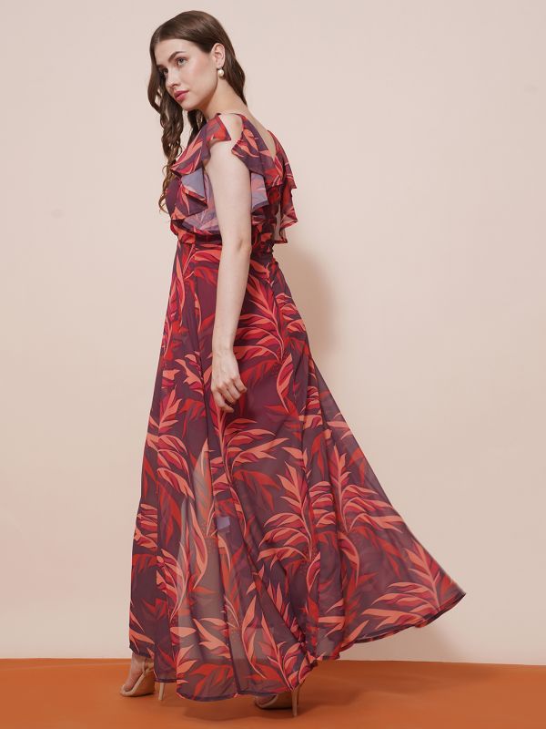 Globus Women Brown Wrap Neck Strappy Flutter Sleeves Tropical Printed Front Slit Fit & Flare Maxi Party Dress