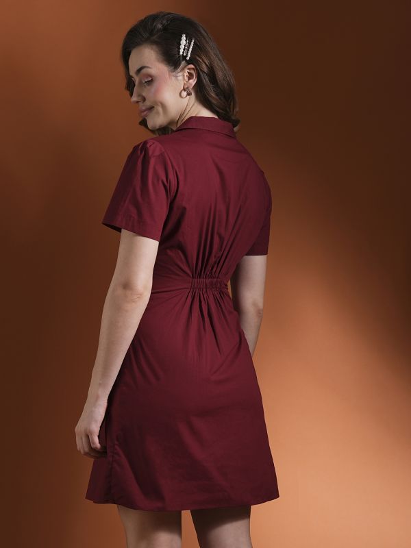 Globus Women Maroon Notched Lapel Double Breasted Ruched Back Mini Workwear Blazer Dress