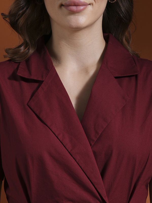 Globus Women Maroon Notched Lapel Double Breasted Ruched Back Mini Workwear Blazer Dress