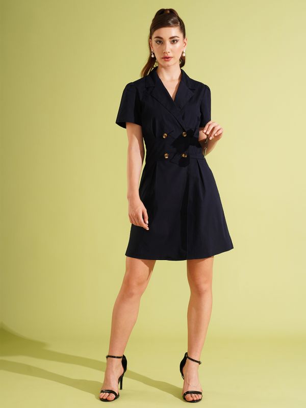 Globus Women Navy Blue Notched Lapel Double Breasted Ruched Back Mini Workwear Blazer Dress