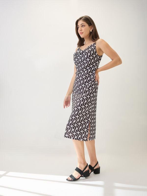 Globus Women Black & White Cowl Neck Metal Shoulder Straps Side Slits Sheath Midi Party Dress