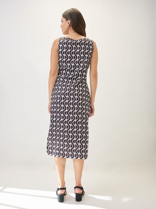 Globus Women Black & White Cowl Neck Metal Shoulder Straps Side Slits Sheath Midi Party Dress