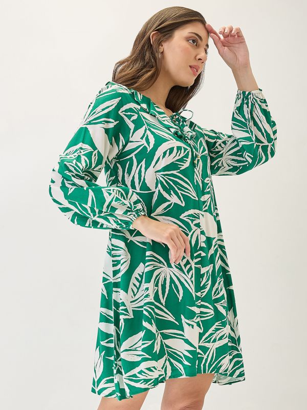 Globus Women Green Tropical Print Ruffled V-Neck Bishop Sleeves Mini A-Line Dress