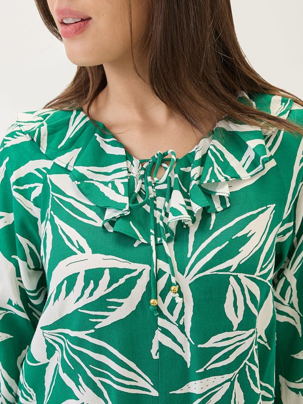 Globus Women Green Tropical Print Ruffled V-Neck Bishop Sleeves Mini A-Line Dress