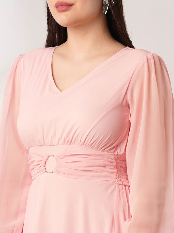 Globus Women Pink V-Neck Bishop Sleeves Smocked Fit & Flare Maxi Party Dress