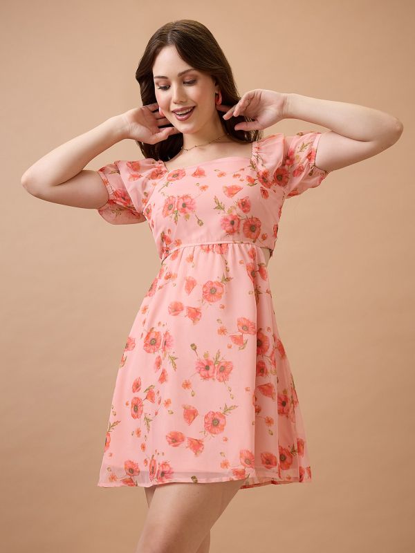 Globus Women Pink Floral Printed Square Neck Puff Sleeves Waist Cut-Out Mini Fit & Flare Dress