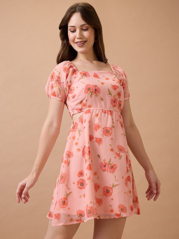 Globus Women Pink Floral Printed Square Neck Puff Sleeves Waist Cut-Out Mini Fit & Flare Dress