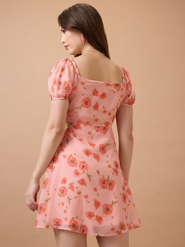 Globus Women Pink Floral Printed Square Neck Puff Sleeves Waist Cut-Out Mini Fit & Flare Dress