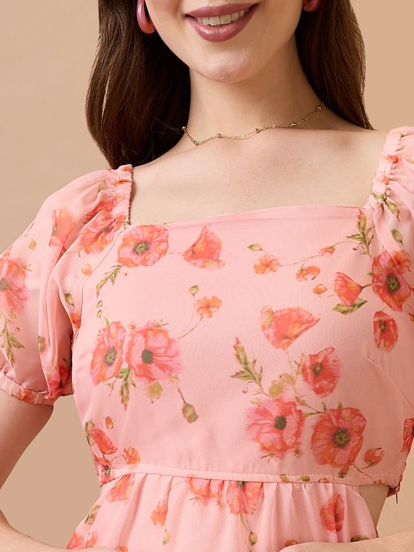 Globus Women Pink Floral Printed Square Neck Puff Sleeves Waist Cut-Out Mini Fit & Flare Dress