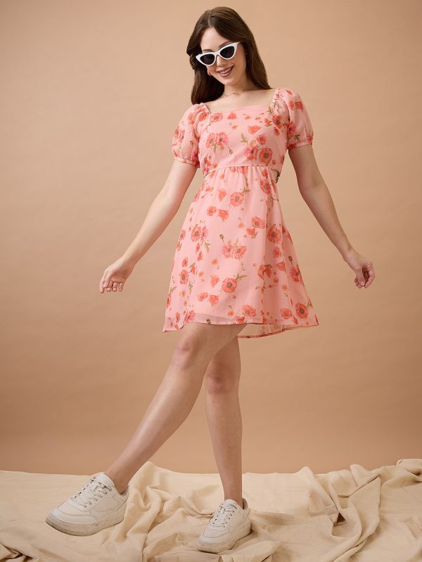 Globus Women Pink Floral Printed Square Neck Puff Sleeves Waist Cut-Out Mini Fit & Flare Dress