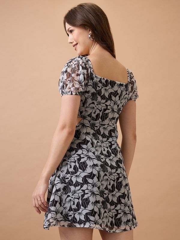 Globus Women Black Floral Printed Square Neck Puff Sleeves Waist Cut-Out Mini Fit & Flare Dress