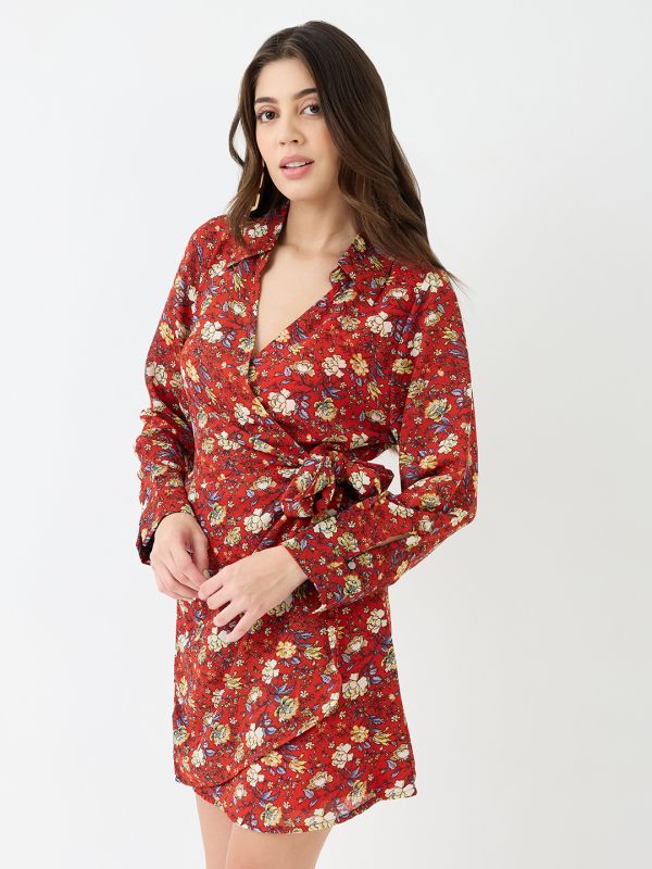 Globus Women Red Collared V-Neck Cuffed Sleeves Allover Floral Print Mini Tie-Up Wrap Dress