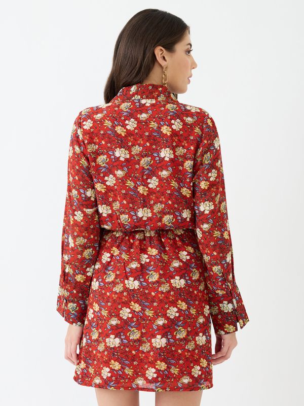 Globus Women Red Collared V-Neck Cuffed Sleeves Allover Floral Print Mini Tie-Up Wrap Dress
