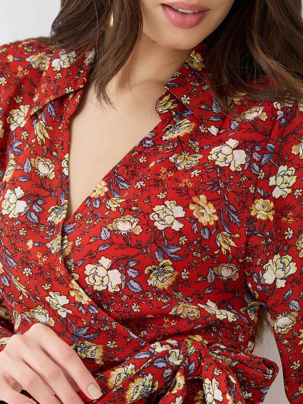 Globus Women Red Collared V-Neck Cuffed Sleeves Allover Floral Print Mini Tie-Up Wrap Dress
