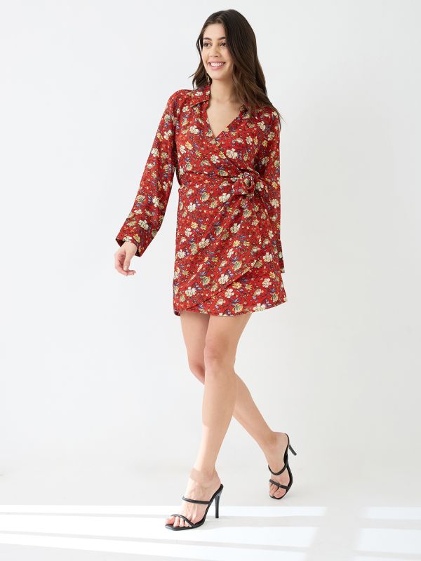 Globus Women Red Collared V-Neck Cuffed Sleeves Allover Floral Print Mini Tie-Up Wrap Dress
