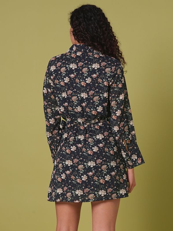 Globus Women Navy Blue Collared V-Neck Cuffed Sleeves Allover Floral Print Mini Tie-Up Wrap Dress