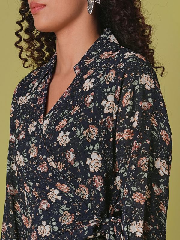Globus Women Navy Blue Collared V-Neck Cuffed Sleeves Allover Floral Print Mini Tie-Up Wrap Dress