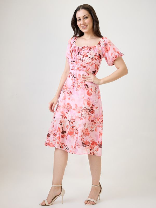Globus Women Pink Floral Printed Tie-Up Square Neck Puff Sleeves Side Slit Fit & Flare Midi Dress