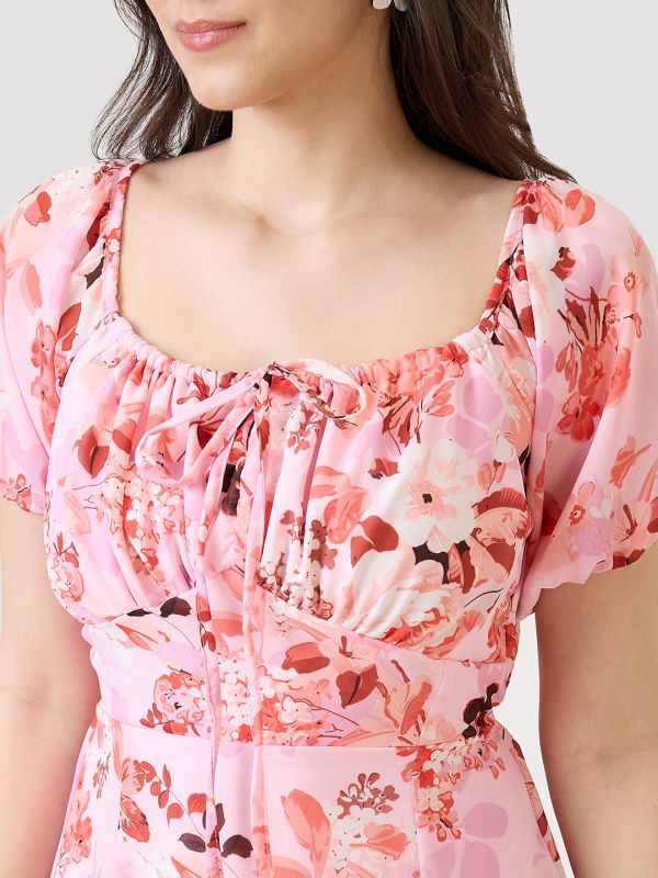 Globus Women Pink Floral Printed Tie-Up Square Neck Puff Sleeves Side Slit Fit & Flare Midi Dress