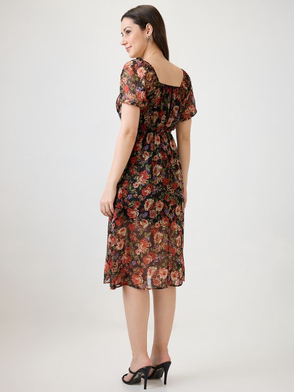 Globus Women Black Allover Floral Printed Tie-Up Square Neck Puff Sleeves Side Slit Fit & Flare Midi Dress