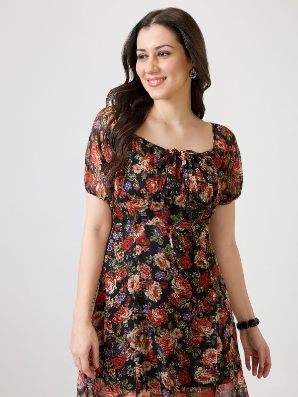 Globus Women Black Allover Floral Printed Tie-Up Square Neck Puff Sleeves Side Slit Fit & Flare Midi Dress
