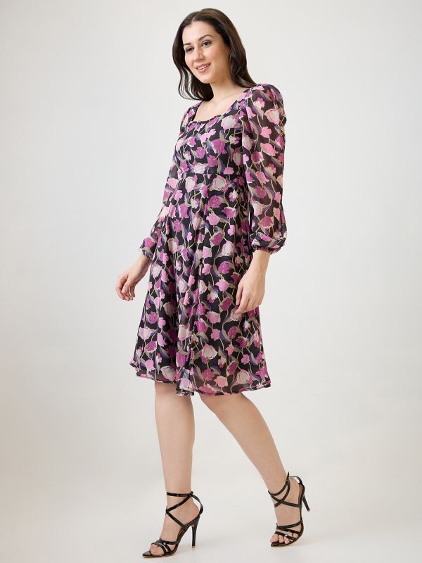 Globus Women Purple Georgette Floral Printed Square Neck Bishop Sleeves Stylized Back Fit & Flare Midi Dress