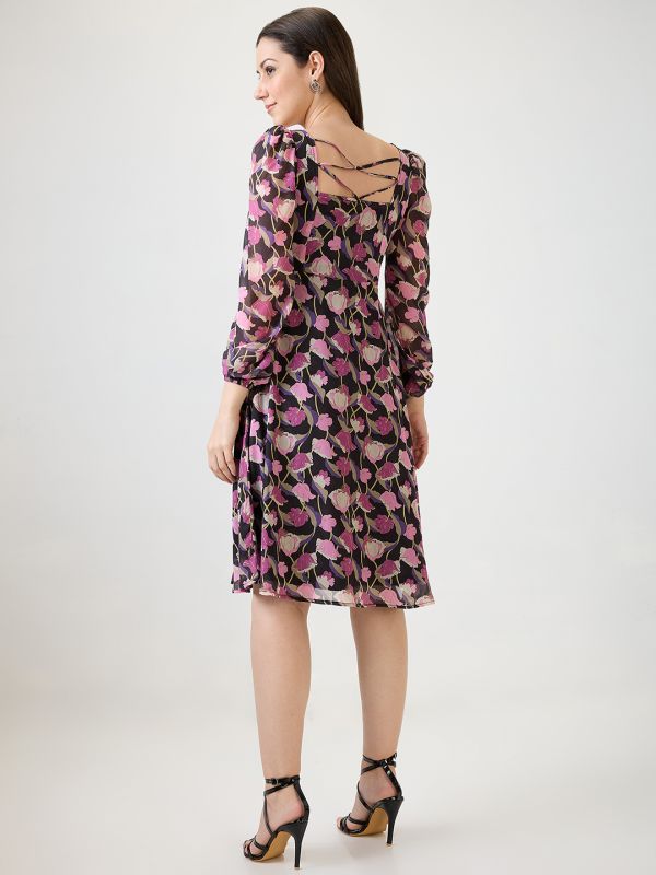 Globus Women Purple Georgette Floral Printed Square Neck Bishop Sleeves Stylized Back Fit & Flare Midi Dress